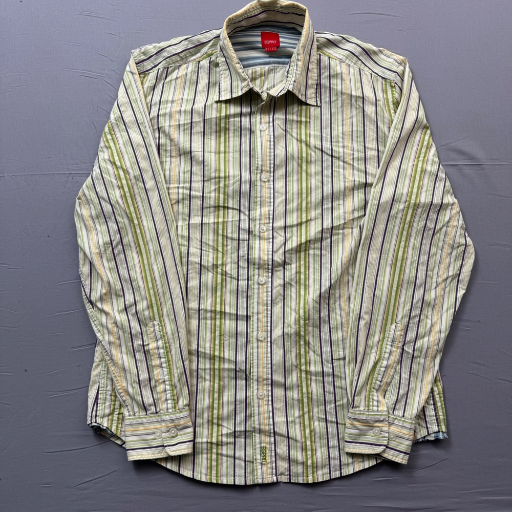 Esprit Mens Button Down Shirt Medium Green‎ Purple Striped Long Sleeve Casual